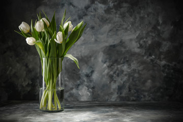 Dark mood background and fresh flowers of tulips.