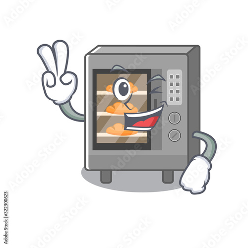 mascot of funny oven cake cartoon Character with two fingers