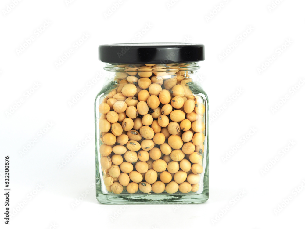 Soybeans in glass jar isolated on white background. Soybeans in glass jar isolated on white background.