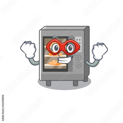 A cartoon concept of oven cake performed as a Super hero
