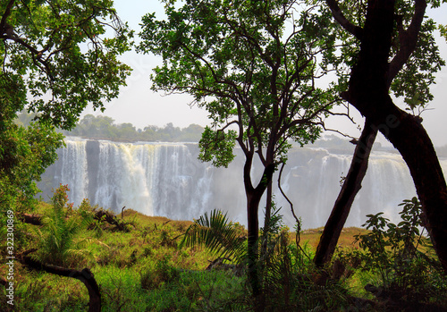 Victoria Falls (Mosi-o-tunya) surrounded by lush rain forest, taken from the Zimbabwean side, with the falls gushing over the rocky terrain.  Zimbabwe, Southern Africa photo