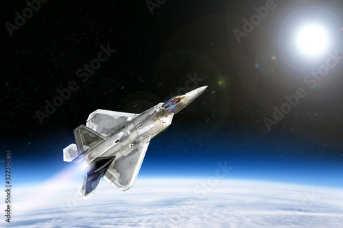 modern military fighter jet aircraft flying high in stratosphere against blue clouds earth and black space sky with stars background. Aerial top down view of supersonic warbird. No NASA images used