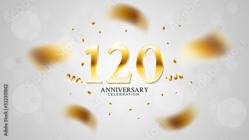 120th anniversary celebration with gold color and white background bokeh effects and sparkling confetti. modern elegant design can be used for a wedding or company. editable vector EPS 10