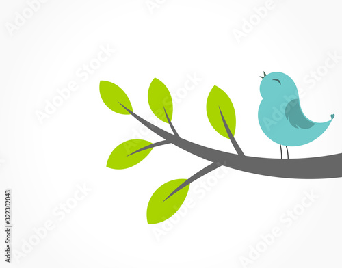 Cute blue bird singing on the tree branch. Spring bird vector illustration.