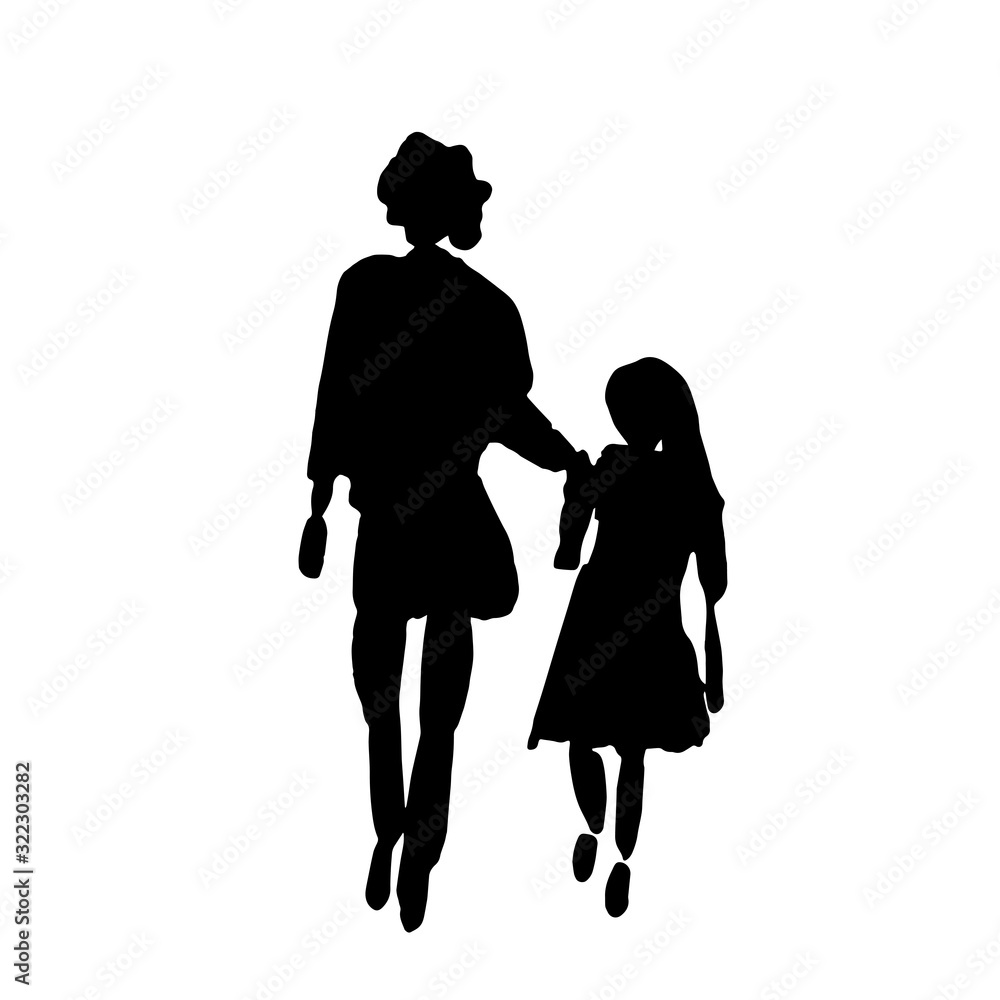 Hand drawn illustration: group of people. Mother and daughter. Vector.