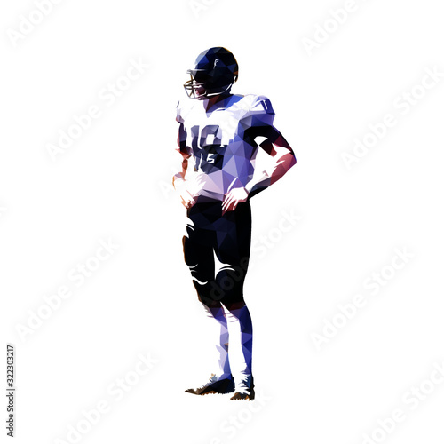 American football player standing with hands on hips, isolated low polygonal vector illustration