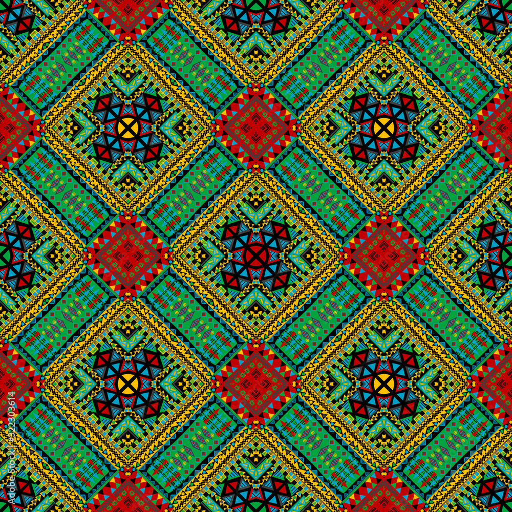 Patchwork seamless pattern with ethnic motifs