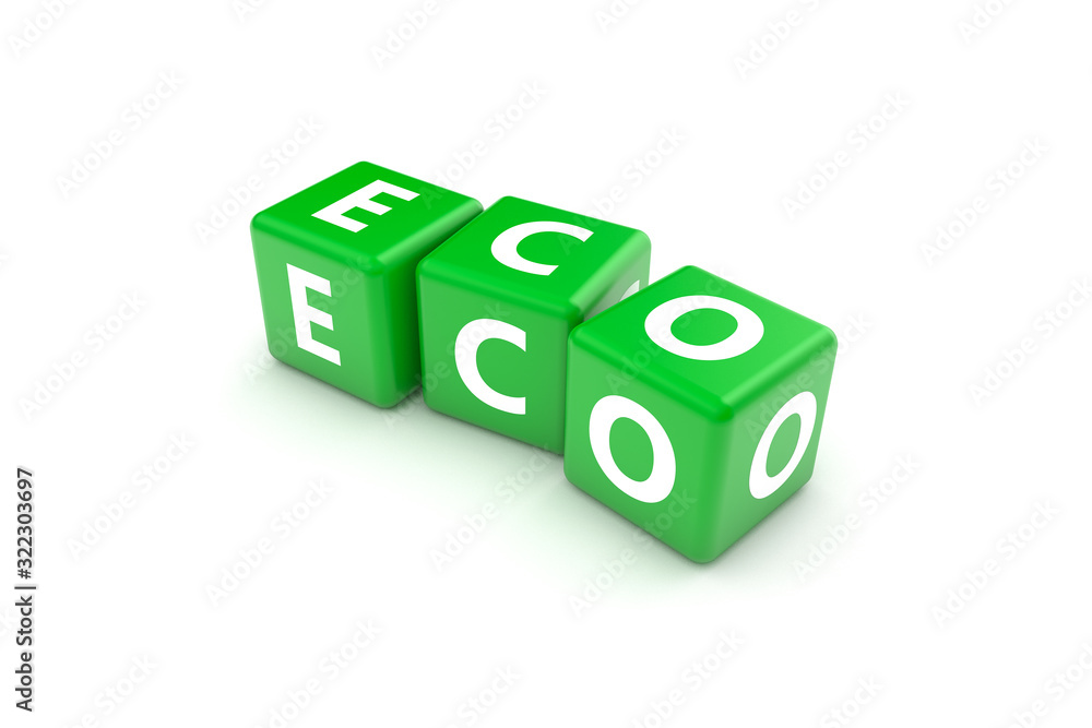 3D Rendering Eco Text on Green Square Boxes 3D Rendering Eco Text on Green Square Boxes