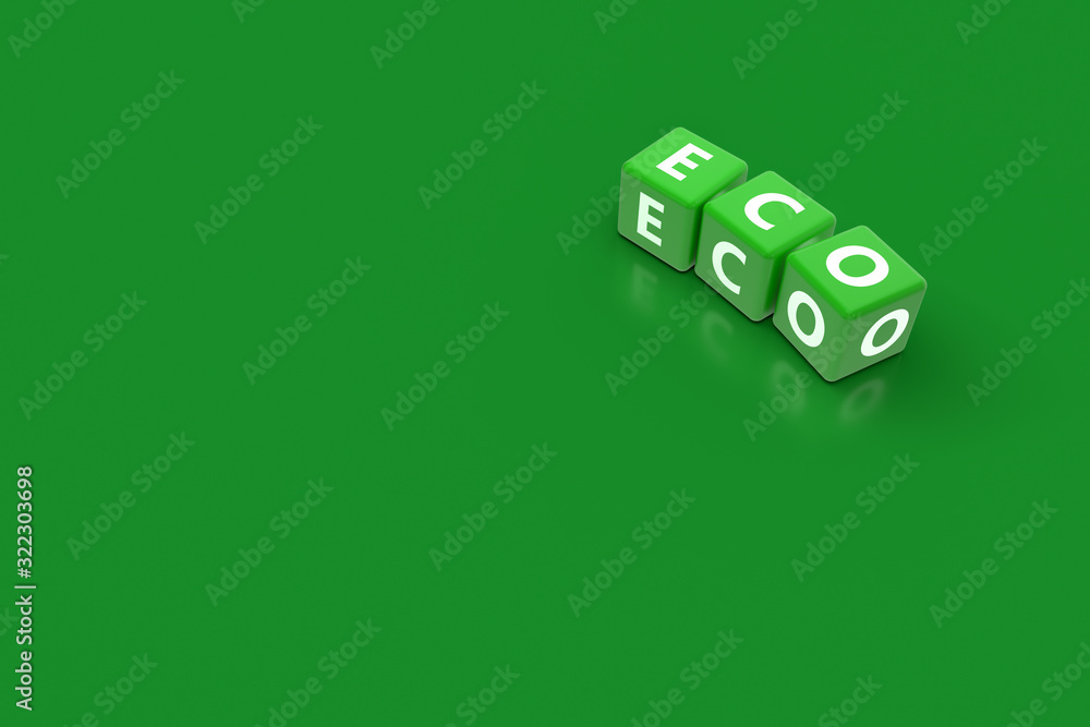 3D Rendering Eco Text on Green Square Boxes 3D Rendering Eco Text on Green Square Boxes