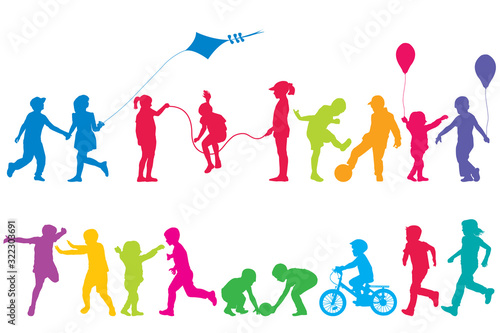 Two sets of colored silhouettes of children playing