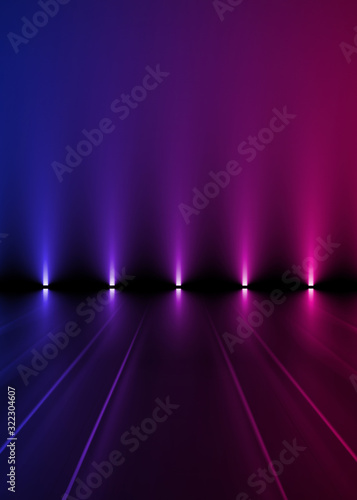 Abstract dark background of an empty scene with ultraviolet light. Neon light figures in the center of the stage, smoke, smog