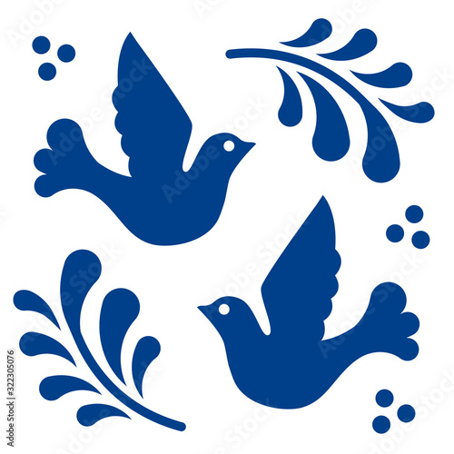 Mexican talavera tile pattern with birds. Ornament in traditional style from Puebla in classic blue and white. Floral ceramic composition with flower, dot and leaves. Folk art design from Mexico. photo