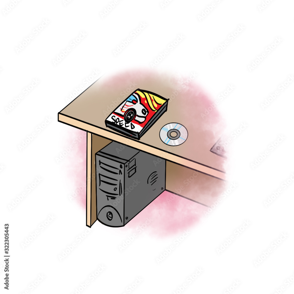 There is a desktop computer under the table and a cd box and cd on the