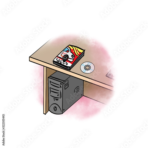 There is a desktop computer under the table and a cd box and cd on the table.
