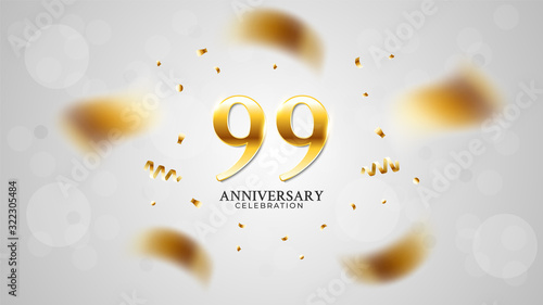 99th anniversary celebration with gold color and white background bokeh effects and sparkling confetti. modern elegant design can be used for a wedding or company. editable vector EPS 10