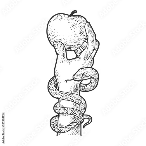 Apple in hand with snake sketch engraving vector illustration. T-shirt apparel print design. Scratch board imitation. Black and white hand drawn image.