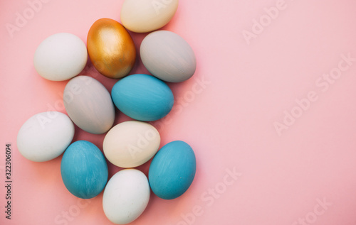 Easter eggs, colorful flat lay with copy space for text, easter holiday card