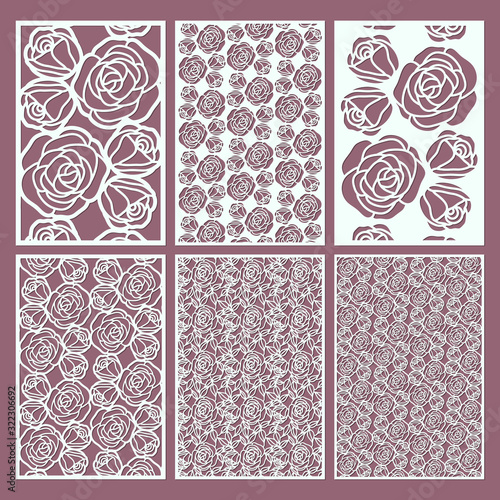 Laser cut vector panel set, pattern of roses, floral ornament. Template of wedding invitation or greeting card. Cabinet fretwork panel. Metal design, wood carving.