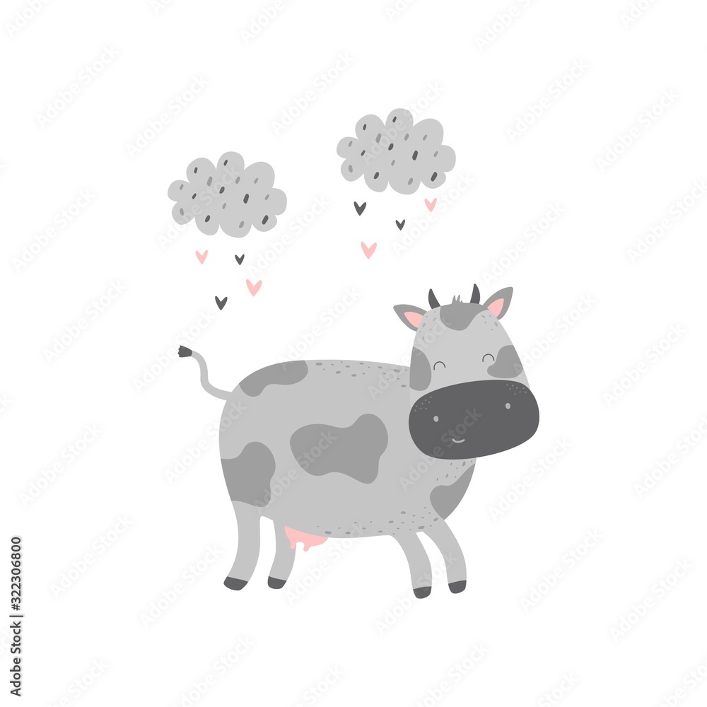 Cute cartoon character cow. Print for baby shower party. Vector print with baby cow. Cute cartoon character cow. Print for baby shower party. Vector print with baby cow.