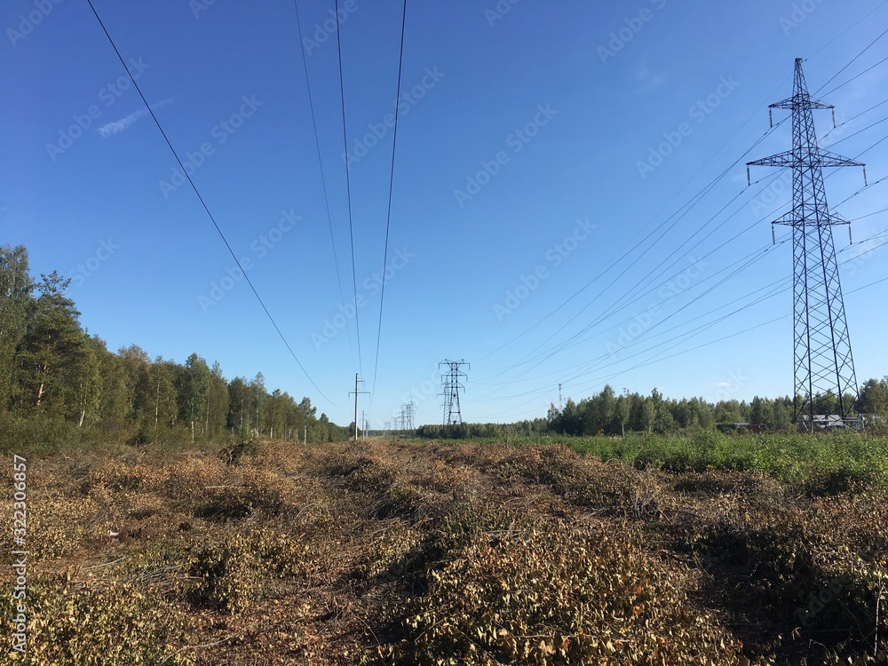 electric power line in a field