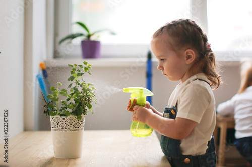 Obraz na plátne toddler with brown hair looks after home flowers