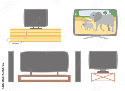 Acoustic system and tv set vector, isolated screens with show program showing elephants and wild nature on monitor. Pastime and leisure, television