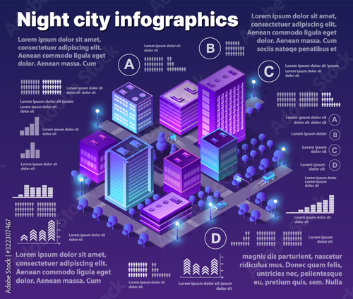 Isometric neon city infographics of violet colors