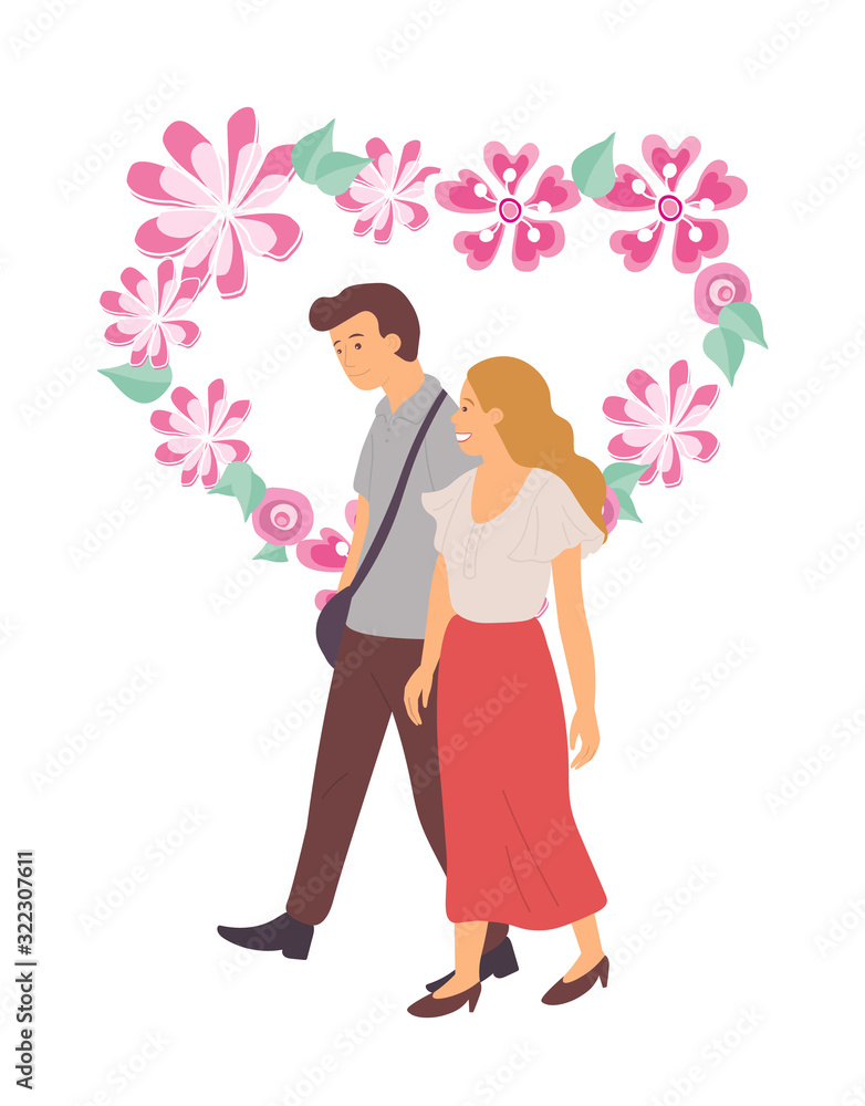 Floral heart shape vector, people cuddling isolated. Flat style couple man and woman spending time together flowers and petals tender love of pair
