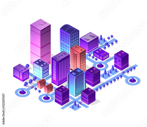 Isometric city set of violet colors building