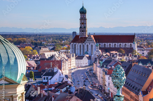 Augsburg, Blick vom Rathaus über die Maximilianstrasse auf die St. Ulrichskirche mit Blick auf die Alpen im Hintergrund wegen Föhn photo