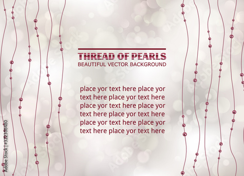 Luxury accessories 3D chains pearls on beautiful background. Elegant realistic shiny pearl for design. Beads necklace thread pearls. Beautiful jewelry treasure pearl chains. Frame thread pearl necklac