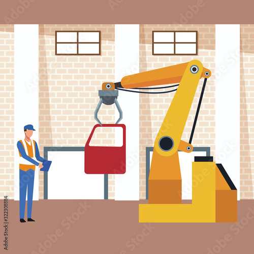 car workshop scenery with arm industrial machine holding a car door and mechanic supervising