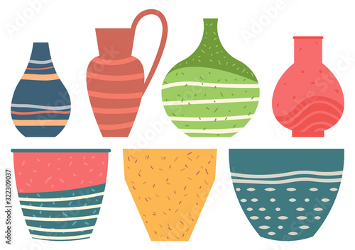 Set of striped vase isolated on white. Crockery decorative jar with waves ornament, color pot in flat style design, ceramic flowerpot. Handmade items from clay. Vase for flowers. Vector illustration