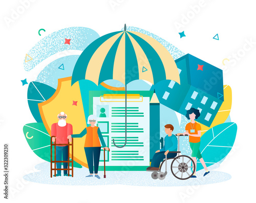 Pensioners, disabled people, people with disabilities in need of social assistance and protection concept vector illustration