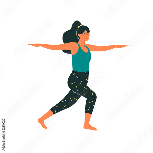 Woman in modern variation of a warrior pose. Virabhadrasana II yoga asana. Yoga, pilates, stretching instructor isolated on white. Physical activity as a way to relaxation and mental health.