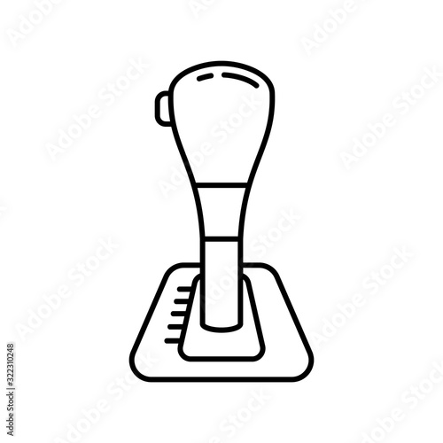 Automatic transmission, car gearbox icon. Linear logo of gear shift with button. Black simple illustration of shift knob, lever arm. Contour isolated vector image on white background