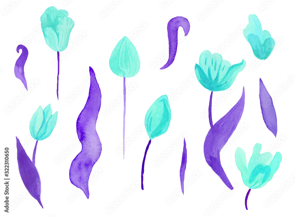 Watercolor set blue tulips with classic blue leaves. Clipart collection of botanical spring flowers on white isolated background hand drawn. Design for weddings, gift cards,wrapping paper, textiles.