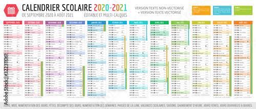 Calendrier scolaire 2020 - 2021. Fichier éditable et multi-calques