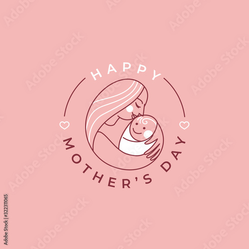 Vector abstract logo design template and illustration in simple linear style - happy mother's day greeting card