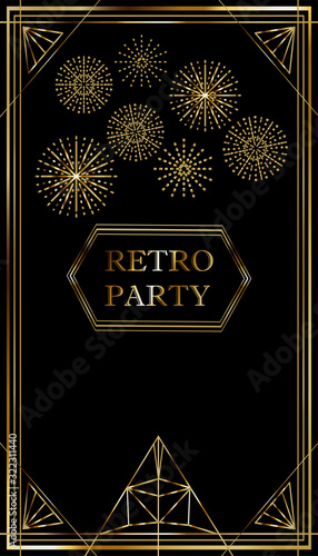 Art Deco vintage invitation template design with golden patterns and frames. Retro party background  (1920's style). Vector for glamour event, thematic wedding or jazz party