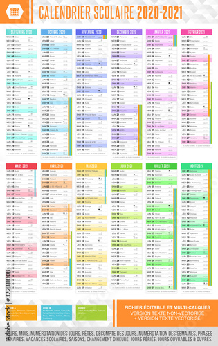Calendrier scolaire 2020 - 2021. Fichier éditable et multi-calques