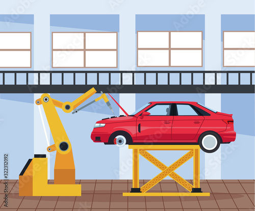 car workshop scenery with lifted car and arm industrial machine working on