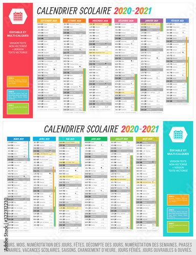 Calendrier scolaire 2020 - 2021. Fichier éditable et multi-calques