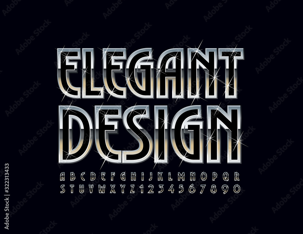 Naklejka premium Vector Elegant Design metal Font with sparkling stars. Silver glitter Alphabet Letters and Numbers