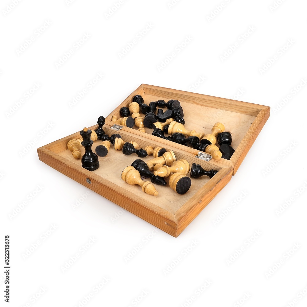 Chess on a wooden board on a white background Chess on a wooden board on a white background