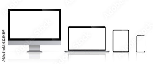 Realistic set of computer monitors desktop laptop tablet and phone reflect with white screen v3. Illustration vector illustrator Ai EPS