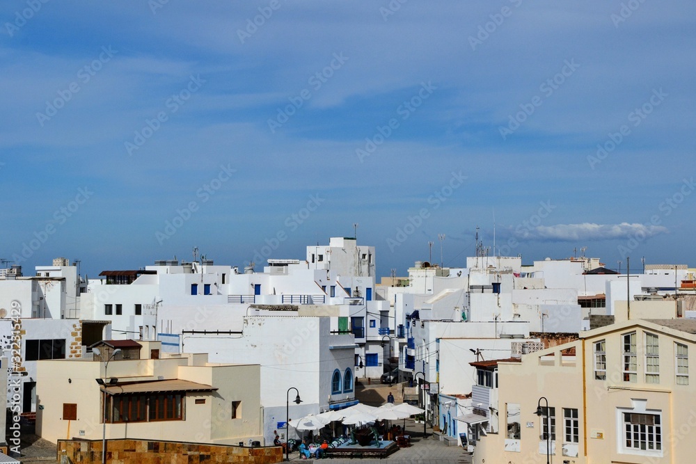 View of El Cotillo buildings. El Cotillo coastal town in the municipality of la Oliva, located in the northern part of Fuerteventura, Canary Islands.