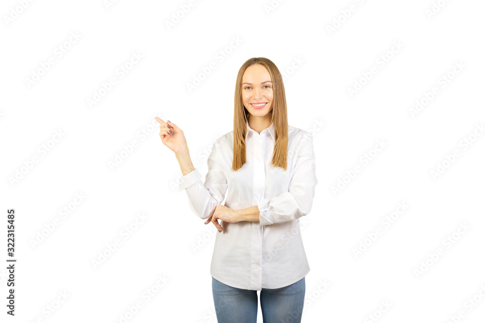 Portrait of a happy business woman pointing finger on copy space, isolated on white. Portrait of a happy business woman pointing finger on copy space, isolated on white.
