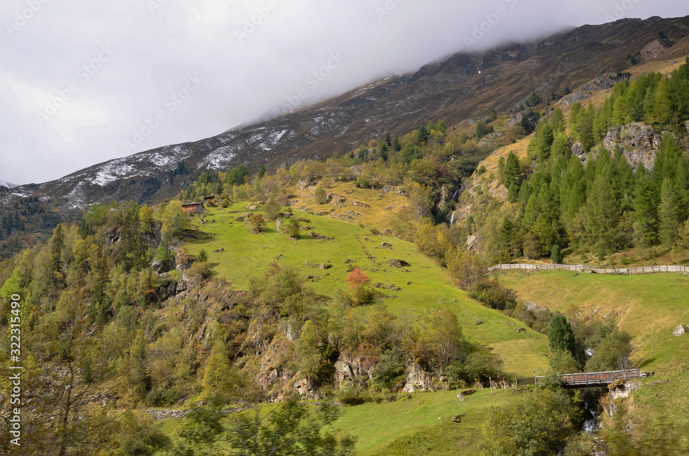 チロルの渓谷　秋の黄葉のエッツタール　フェント付近（オーストリア・チロル）