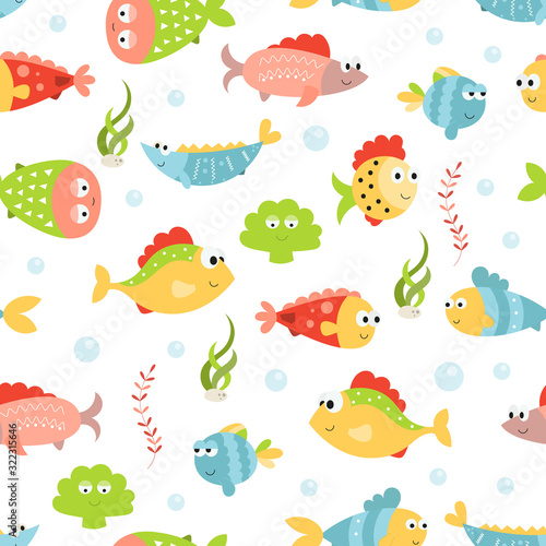 Sea life seamless pattern with cute fishes. Underwater background. Vector Illustration. Great for wallpaper, baby clothes, greeting card, wrapping paper. © Nursery Art
